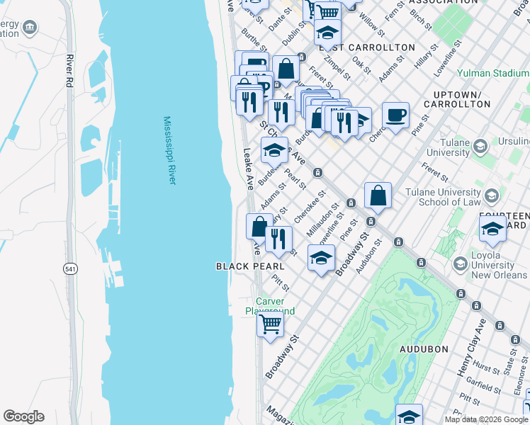 map of restaurants, bars, coffee shops, grocery stores, and more near 7710 Benjamin Street in New Orleans