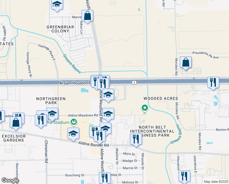map of restaurants, bars, coffee shops, grocery stores, and more near 2000-2198 Texas 8 Beltway Frontage Rd in Houston