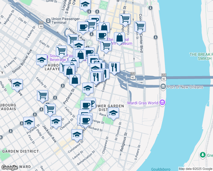 map of restaurants, bars, coffee shops, grocery stores, and more near 938 Thalia Street in New Orleans