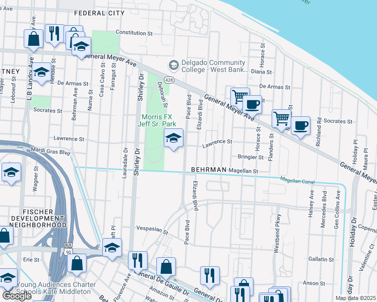 map of restaurants, bars, coffee shops, grocery stores, and more near 1606 Pace Boulevard in New Orleans