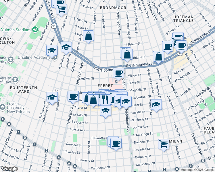 map of restaurants, bars, coffee shops, grocery stores, and more near 4634 Willow Street in New Orleans