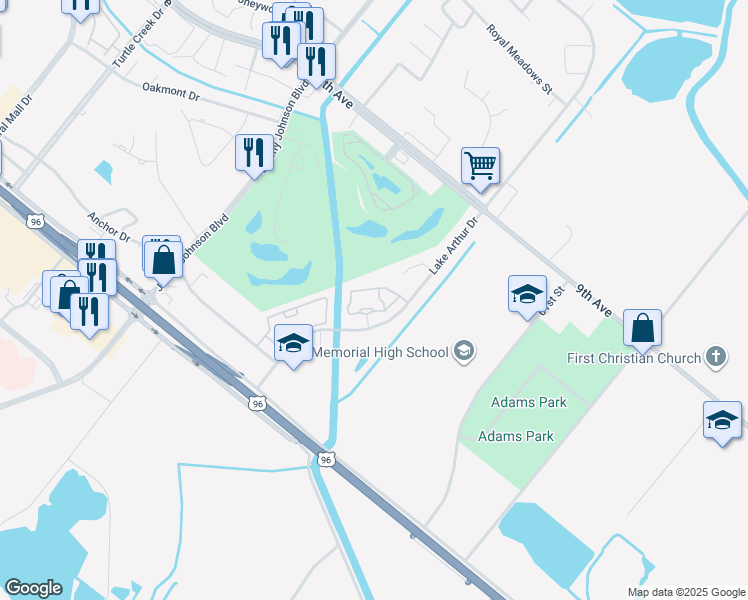 map of restaurants, bars, coffee shops, grocery stores, and more near 3225 Lake Arthur Drive in Port Arthur