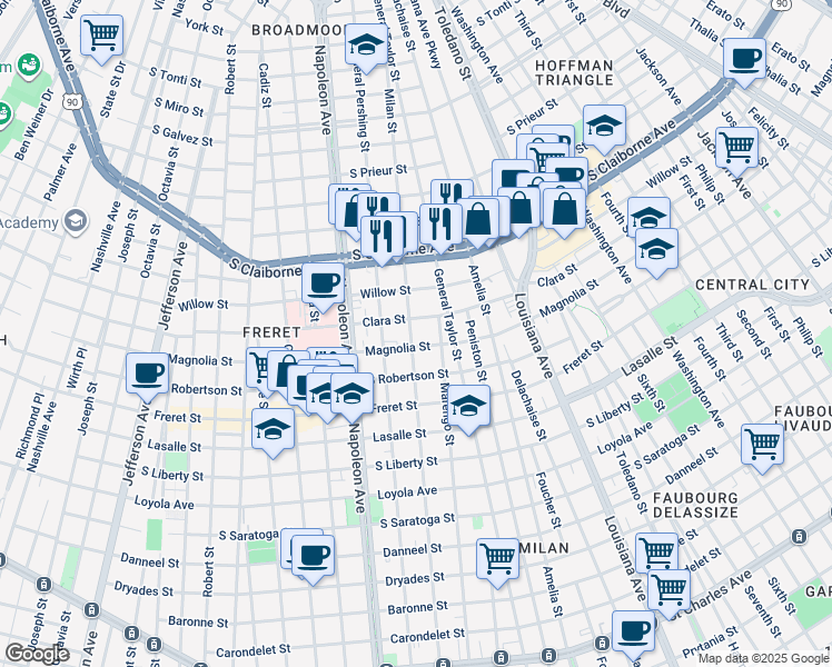 map of restaurants, bars, coffee shops, grocery stores, and more near 2717 Milan Street in New Orleans