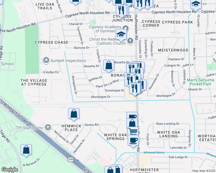 map of restaurants, bars, coffee shops, grocery stores, and more near 11302 Vienna Court in Cypress
