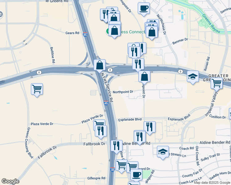 map of restaurants, bars, coffee shops, grocery stores, and more near 2 Northpoint Drive in Houston