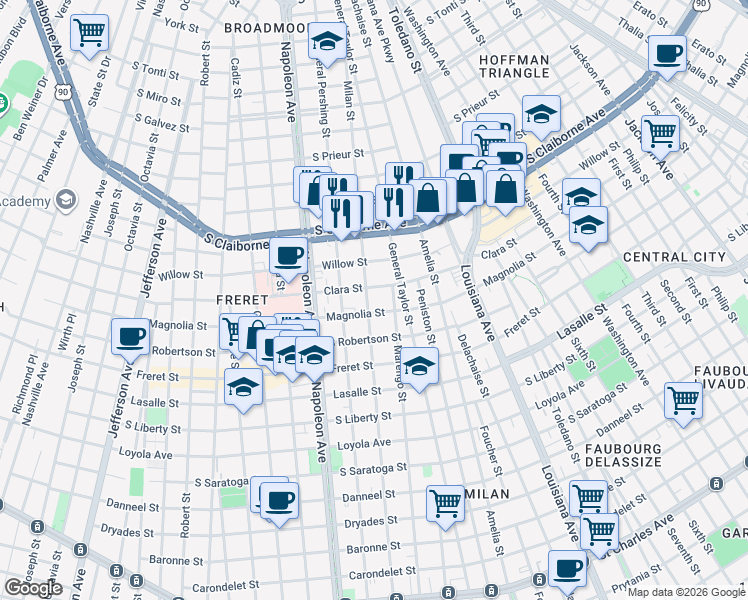 map of restaurants, bars, coffee shops, grocery stores, and more near 2717 Milan Street in New Orleans