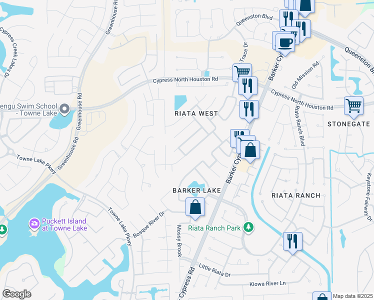 map of restaurants, bars, coffee shops, grocery stores, and more near 10834 Barker View Drive in Cypress