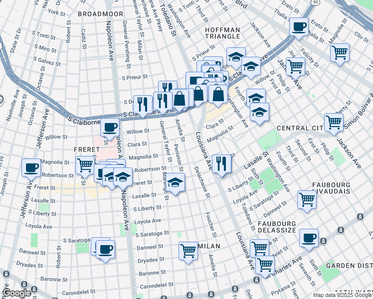 map of restaurants, bars, coffee shops, grocery stores, and more near 2727 Amelia Street in New Orleans