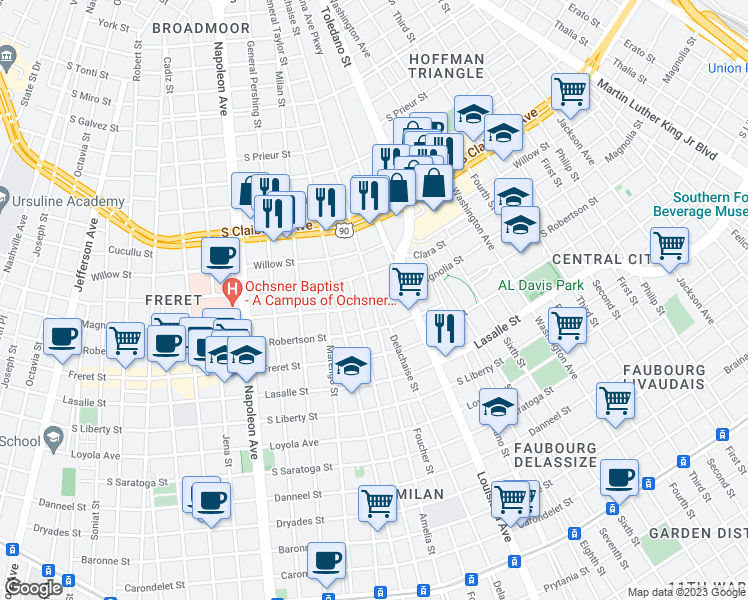 map of restaurants, bars, coffee shops, grocery stores, and more near 2727 Amelia Street in New Orleans