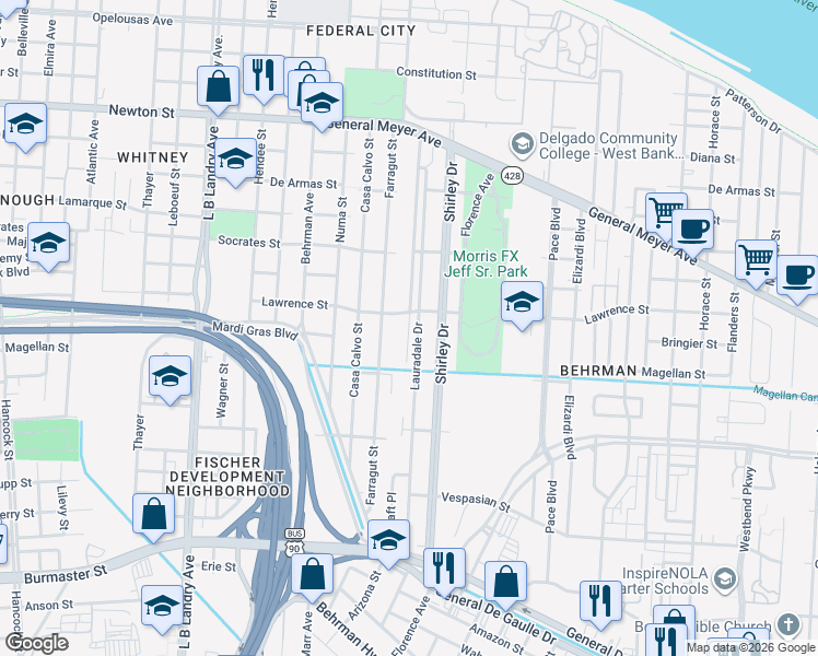 map of restaurants, bars, coffee shops, grocery stores, and more near in New Orleans