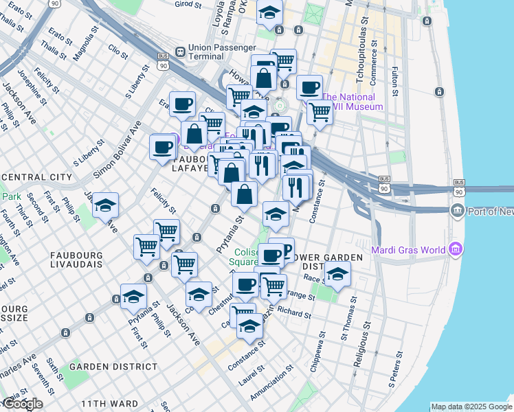 map of restaurants, bars, coffee shops, grocery stores, and more near 2874 Prytania Street in New Orleans