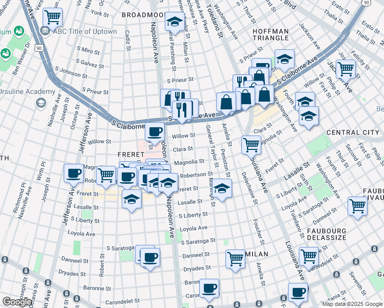 map of restaurants, bars, coffee shops, grocery stores, and more near 4139 Clara Street in New Orleans