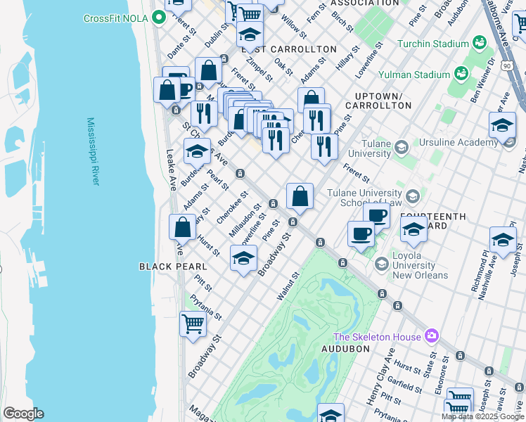 map of restaurants, bars, coffee shops, grocery stores, and more near 7444 Saint Charles Avenue in New Orleans
