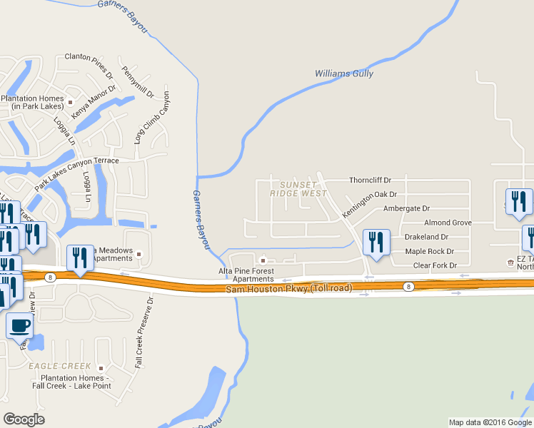 map of restaurants, bars, coffee shops, grocery stores, and more near 15011 Roche Rock Drive in Humble