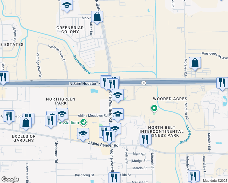 map of restaurants, bars, coffee shops, grocery stores, and more near 2000 Texas 8 Beltway Frontage Road in Houston