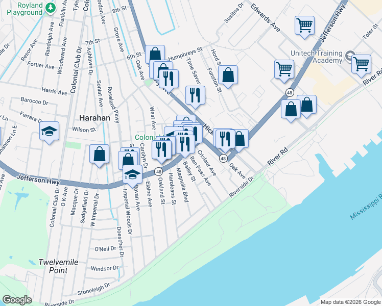 map of restaurants, bars, coffee shops, grocery stores, and more near 6601 Jefferson Highway in Harahan