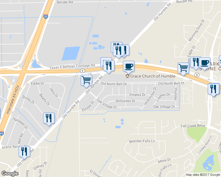map of restaurants, bars, coffee shops, grocery stores, and more near 14915 Ashtex Drive in Humble