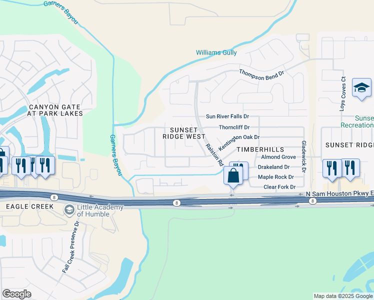 map of restaurants, bars, coffee shops, grocery stores, and more near 10506 Scenic Cove Court in Humble