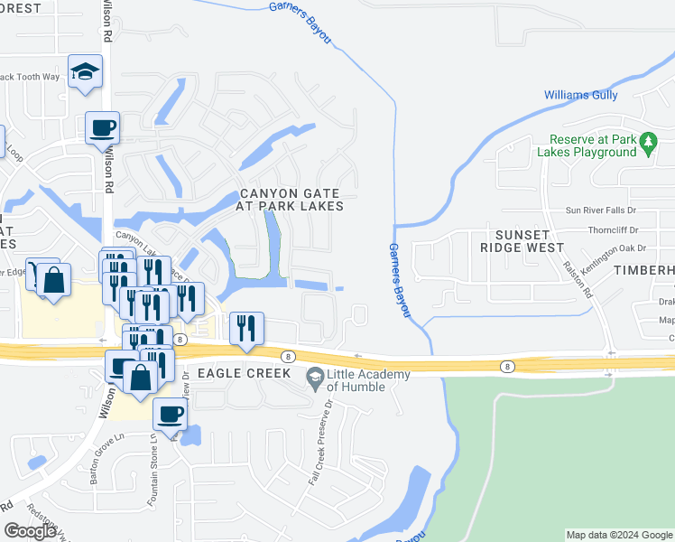 map of restaurants, bars, coffee shops, grocery stores, and more near 4803 Lakeside View Lane in Humble