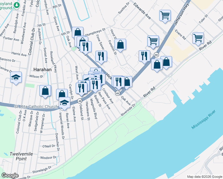 map of restaurants, bars, coffee shops, grocery stores, and more near 6469 Jefferson Highway in Harahan