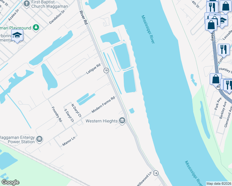 map of restaurants, bars, coffee shops, grocery stores, and more near 7813 River Road in Westwego