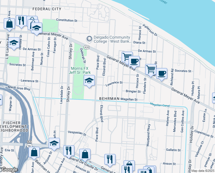 map of restaurants, bars, coffee shops, grocery stores, and more near 2930 Lawrence Street in New Orleans