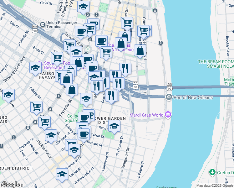 map of restaurants, bars, coffee shops, grocery stores, and more near 1213 Annunciation Street in New Orleans