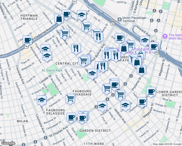 map of restaurants, bars, coffee shops, grocery stores, and more near 2035 Jackson Avenue in New Orleans