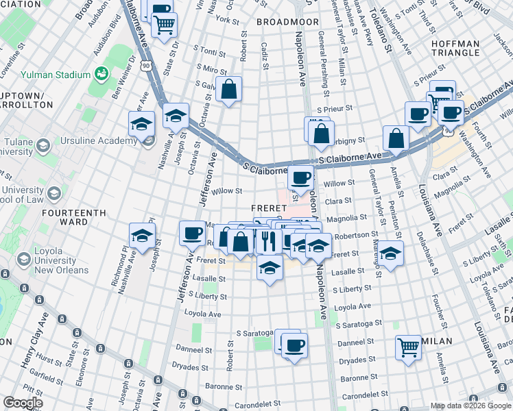map of restaurants, bars, coffee shops, grocery stores, and more near 4634 Willow Street in New Orleans