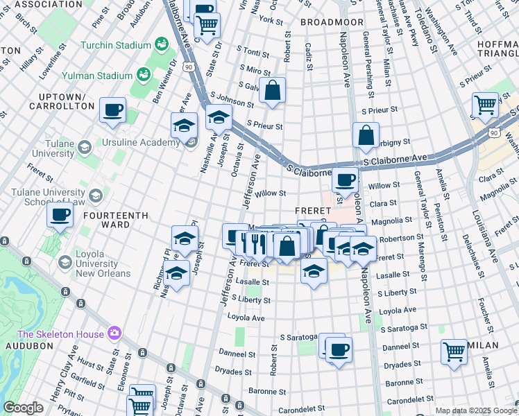 map of restaurants, bars, coffee shops, grocery stores, and more near 2624 Soniat Street in New Orleans