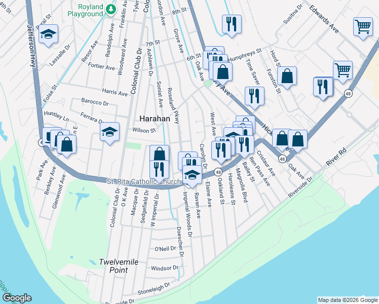 map of restaurants, bars, coffee shops, grocery stores, and more near 316 Carolyn Drive in Harahan