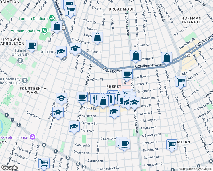 map of restaurants, bars, coffee shops, grocery stores, and more near 2627 Robert Street in New Orleans