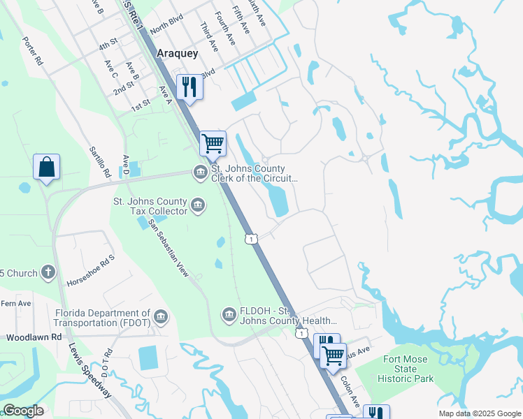 map of restaurants, bars, coffee shops, grocery stores, and more near 79 Portada Drive in St. Augustine