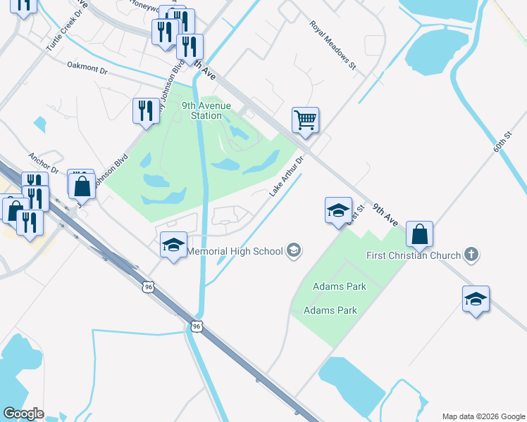 map of restaurants, bars, coffee shops, grocery stores, and more near 3485 Lake Arthur Drive in Port Arthur