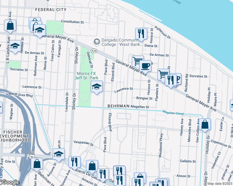 map of restaurants, bars, coffee shops, grocery stores, and more near 2930 Lawrence Street in New Orleans