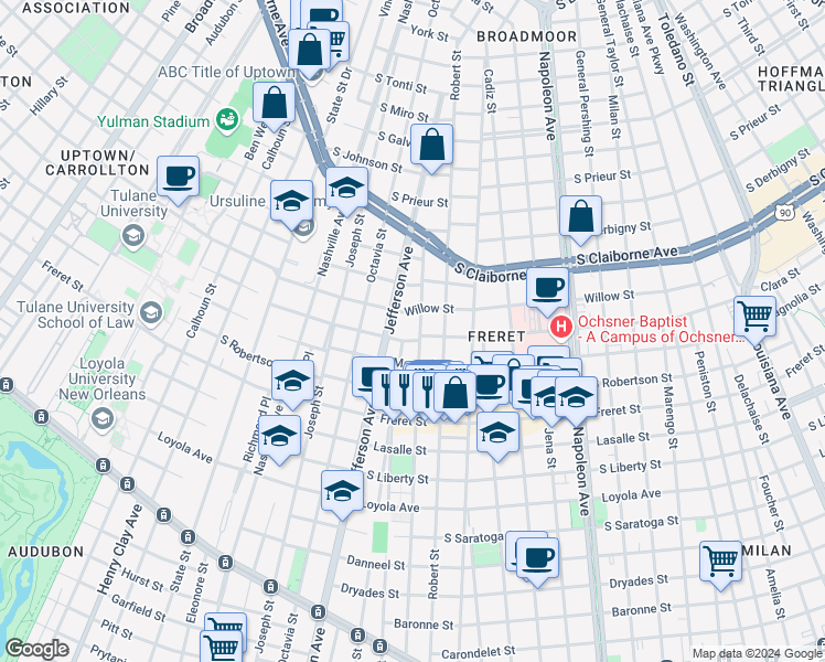 map of restaurants, bars, coffee shops, grocery stores, and more near 2612 Soniat Street in New Orleans