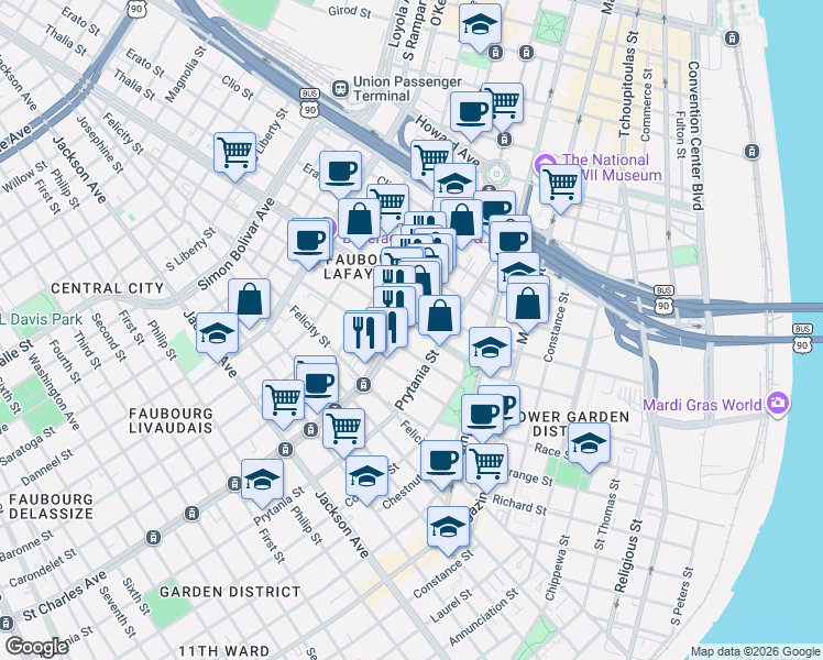map of restaurants, bars, coffee shops, grocery stores, and more near 1601 Saint Charles Avenue in New Orleans