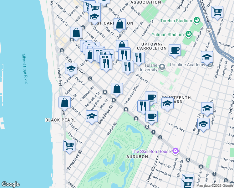 map of restaurants, bars, coffee shops, grocery stores, and more near 700 Broadway Street in New Orleans