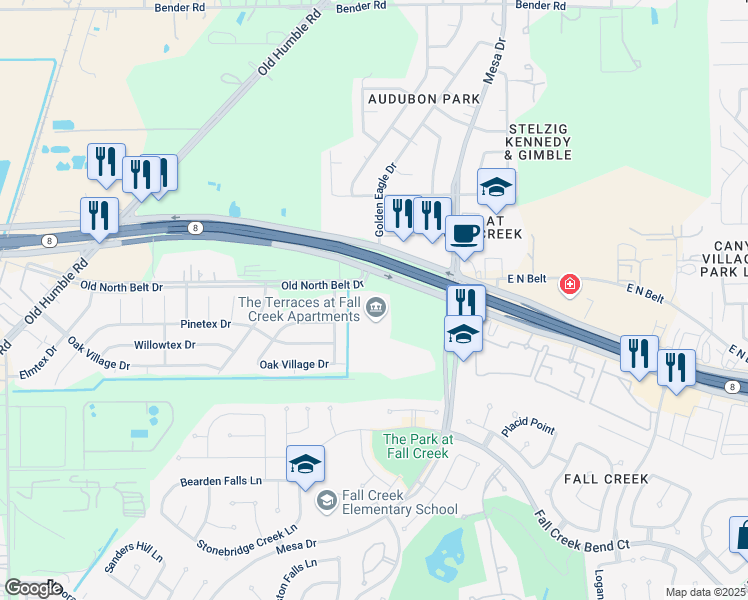 map of restaurants, bars, coffee shops, grocery stores, and more near 7658-7698 Old North Belt Drive in Humble