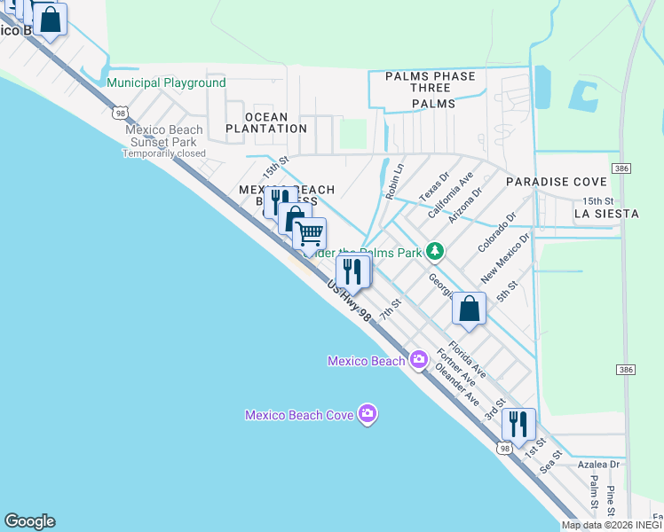 map of restaurants, bars, coffee shops, grocery stores, and more near 824 Oleander Avenue in Mexico Beach