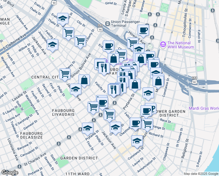 map of restaurants, bars, coffee shops, grocery stores, and more near 1701 Carondelet Street in New Orleans