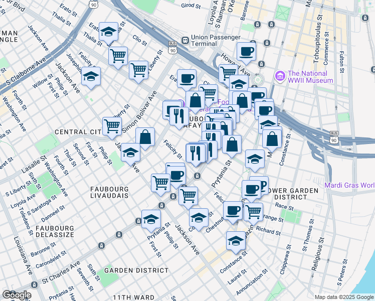 map of restaurants, bars, coffee shops, grocery stores, and more near 1701 Carondelet Street in New Orleans