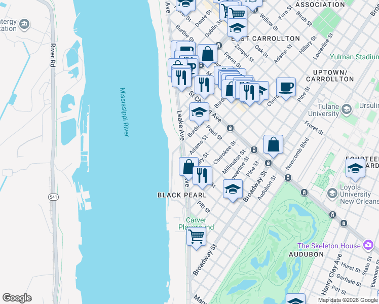 map of restaurants, bars, coffee shops, grocery stores, and more near 7710 Benjamin Street in New Orleans