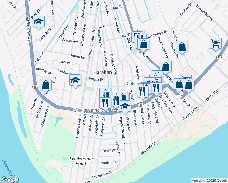 map of restaurants, bars, coffee shops, grocery stores, and more near 333 Roseland Parkway in Harahan