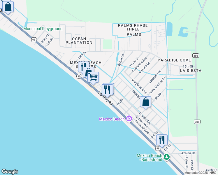 map of restaurants, bars, coffee shops, grocery stores, and more near 201 Arkansas Dr in Mexico Beach