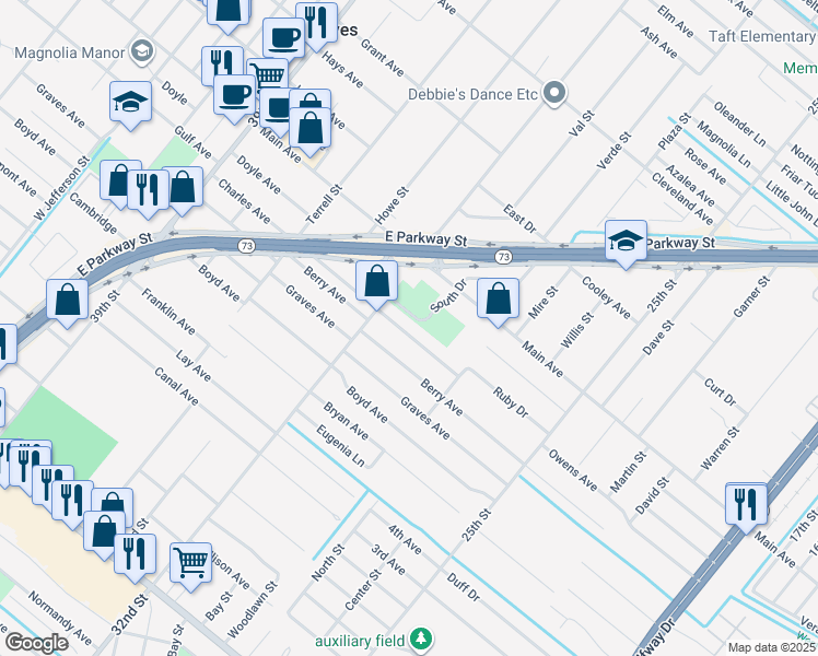 map of restaurants, bars, coffee shops, grocery stores, and more near 3200 Charles Avenue in Groves