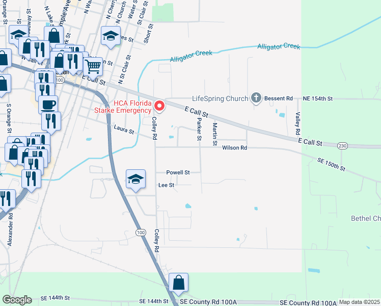 map of restaurants, bars, coffee shops, grocery stores, and more near 1022 Wilson Road in Starke
