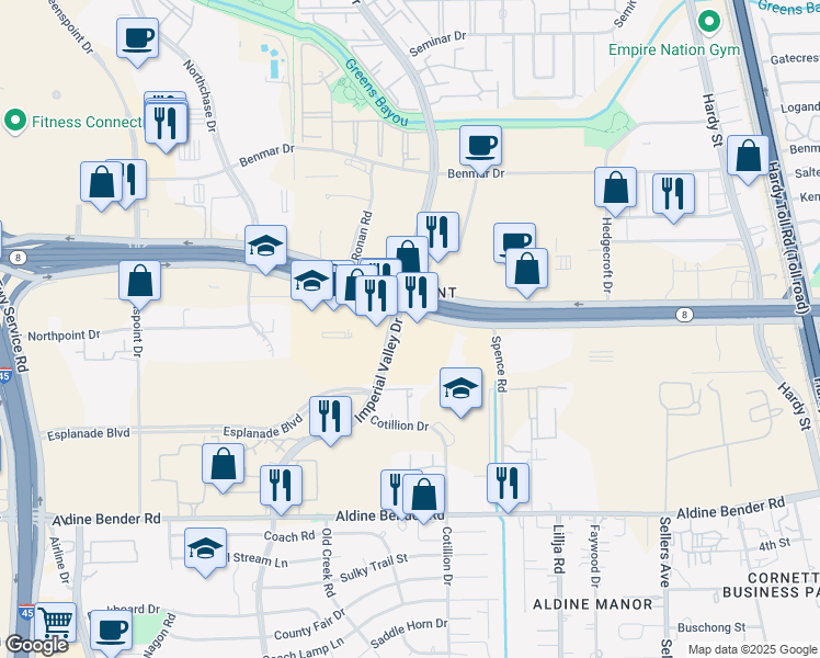 map of restaurants, bars, coffee shops, grocery stores, and more near 400 North Sam Houston Parkway East in Houston