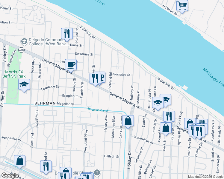 map of restaurants, bars, coffee shops, grocery stores, and more near 1521 Richland Road in New Orleans