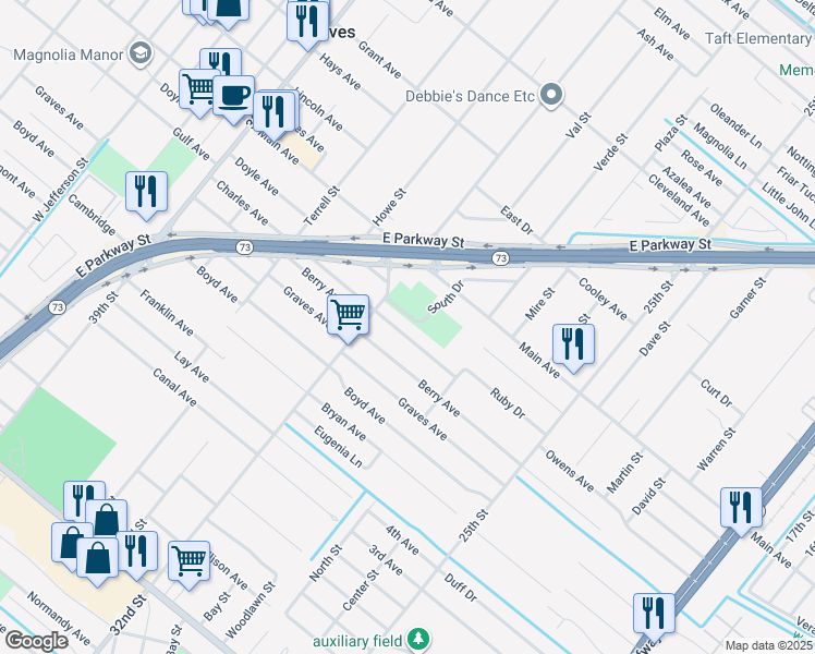 map of restaurants, bars, coffee shops, grocery stores, and more near 3200 Charles Avenue in Groves